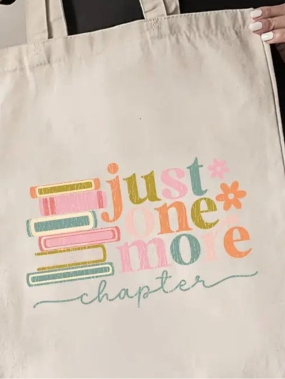 “Just one more chapter” colorful tote.